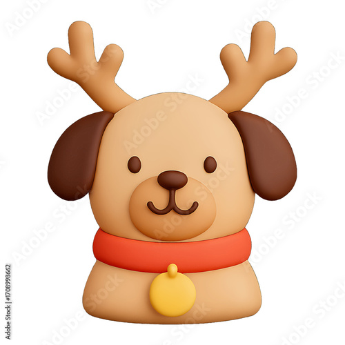 3D plastic icon of dog wearing reindeer costume isolated on transparent background