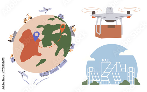 Delivery quadcopter carrying a package, globe with transportation routes, and mall facade. Ideal for e-commerce, logistics, global trade, retail, technology innovation connectivity. Simple flat