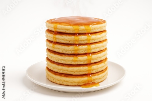 Wallpaper Mural Golden stack of fluffy pancakes with glossy honey drizzle on white plate isolated on pure white background appetizing breakfast close up Torontodigital.ca