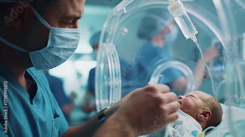 Attentive Male Pediatrician in Blue Scrubs Examining Newborn Inside Incubator in Bright Hospital Room