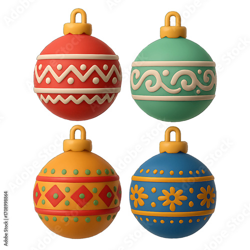 3D plastic icon of Christmas ornaments with ethnic patterns from diverse cultures isolated on transparent background