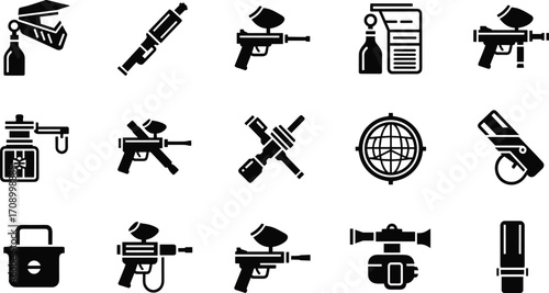 Paintball Equipment Icons Set, Paintball Gun, Mask, Air Tank, Target, Silhouettes, Sports Gear, Outdoor Game, Vector Symbols