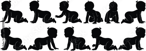 Baby crawling silhouette, infant movement stages, toddler motion profile, child development pose, black vector illustration, crawling baby clipart, isolated