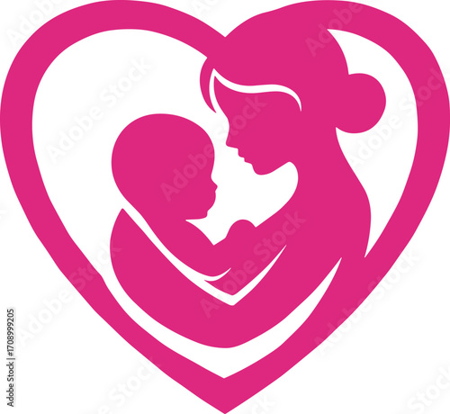 Mother holding baby in heart shape, motherhood love, family care symbol, maternal bond illustration, parenting vector design, child care concept