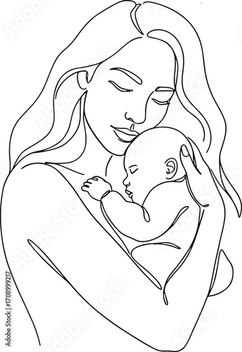 Mother hugging newborn baby continuous line drawing, maternity love illustration, family care vector, mom holding child, minimalist motherhood design