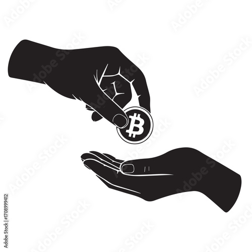 Black and white hands exchanging Bitcoin coin illustration