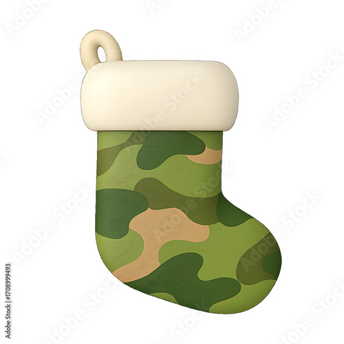 3D plastic icon of Christmas stocking with camouflage pattern isolated on transparent background