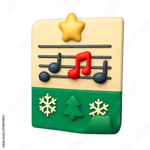 3D plastic icon of Christmas music sheet with 3D notes isolated on transparent background