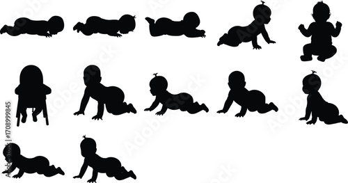 Baby silhouette collection, crawling, sitting, lying, infant poses, developmental stages, toddler movement, black vector, isolated children, nursery design elements