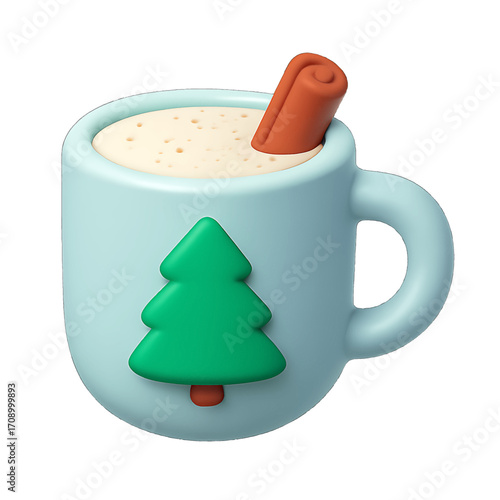 3D plastic icon of eggnog cup with cinnamon isolated on transparent background