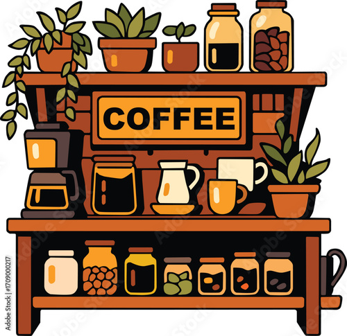 Cozy coffee shelf with jars, mugs, plants, and brewing tools. Editable EPS file, perfect for café themes, coffee shop branding, kitchen decor, and beverage-related projects.