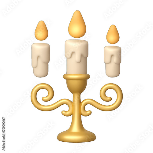 3D plastic icon of candlestick with floating candles isolated on transparent background