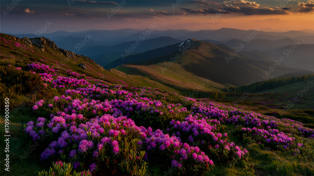 Fototapeta premium Beautiful flower field with pink rhododendron flowers on the mountain hill at sunset. Flowering Chornohora mountains, Carpathians, Ukraine