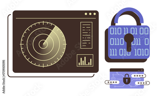 Radar interface scanning, digital lock with binary code, secured data graphic. Ideal for cybersecurity, data protection, technology, digital privacy, surveillance monitoring secure systems. Simple