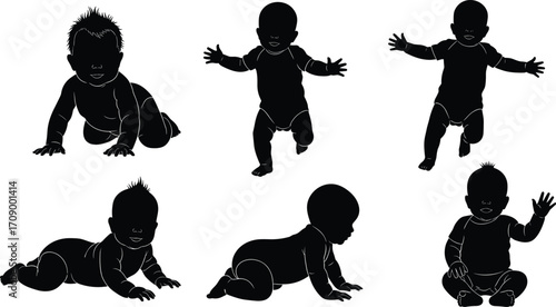 Baby silhouette, crawling infant, toddler walking, child development, baby movement, infant posture, playful baby, baby stages, black outline, isolated pose