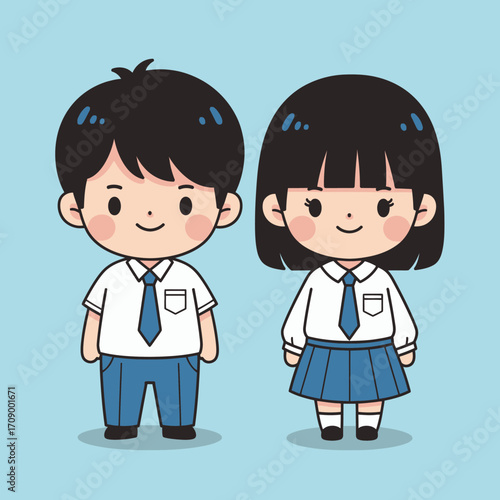 Charming cartoon illustration of a smiling boy and girl in school uniforms, symbolizing childhood friendship, youth, and back to school education