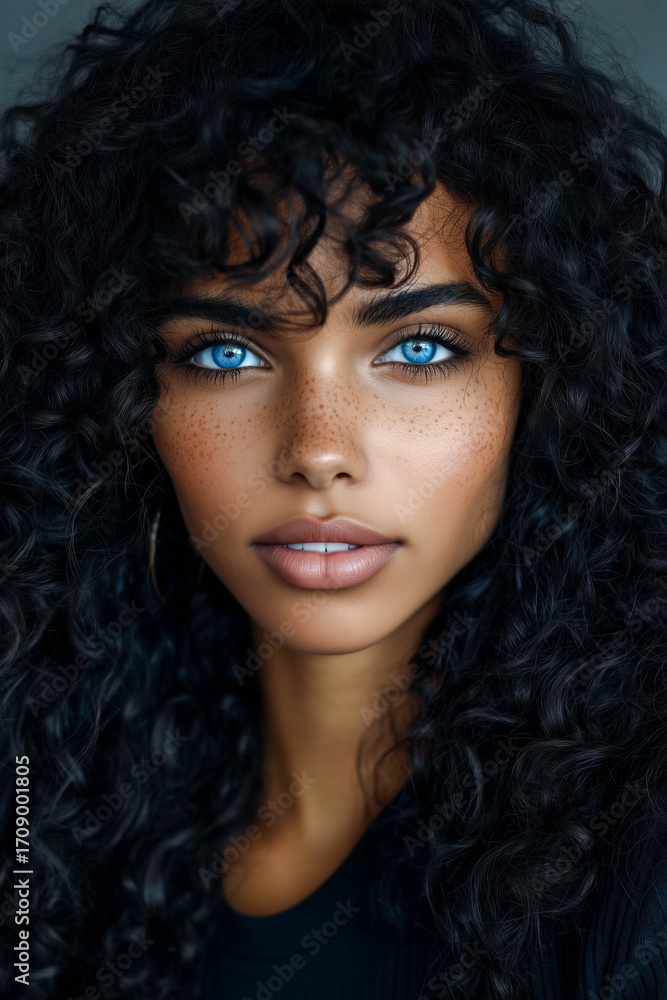 Fototapeta premium Black curly hair with blue beautiful eyes