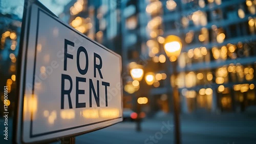 Close-up of “For Rent” sign with blurred modern apartments and glowing street lamps in background, symbolizing real estate, property rental, urban living, housing market, investment, and accommodation