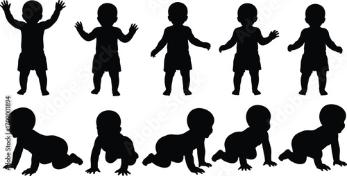 Baby silhouettes, crawling poses, standing infants, toddler movement, child development, motor skills, growth stages, early walking, balance, coordination, playful, cute, isolated, black