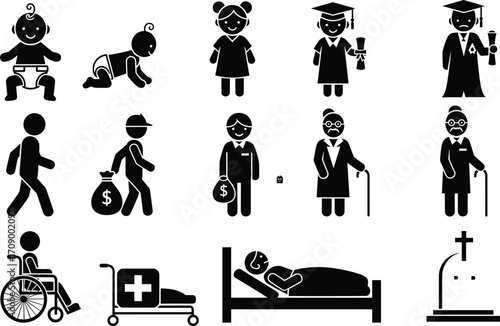 Human Life Cycle Icon Set, Birth to Death Stages, Aging Process Vector, Educational Infographic, Black Silhouettes on White Background