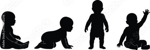 Baby silhouettes, infant poses, crawling baby, sitting toddler, standing child, early development, growth stages, child movement, black silhouette, isolated white background