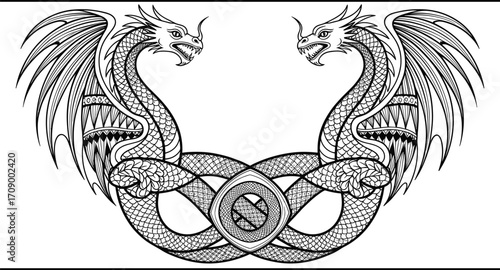 Intricate black and white twin dragon tribal design, Celtic knot inspired, mythical serpent creatures, fierce wings, detailed scales, fantasy art illustration