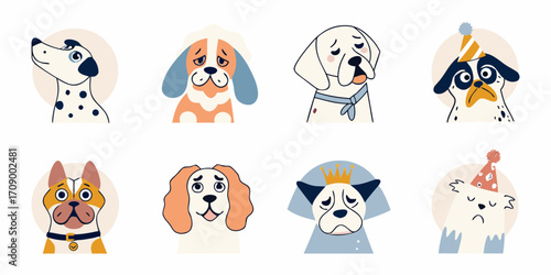 Collection of diverse dog portraits with various expressions and accessories in a flat illustration style
