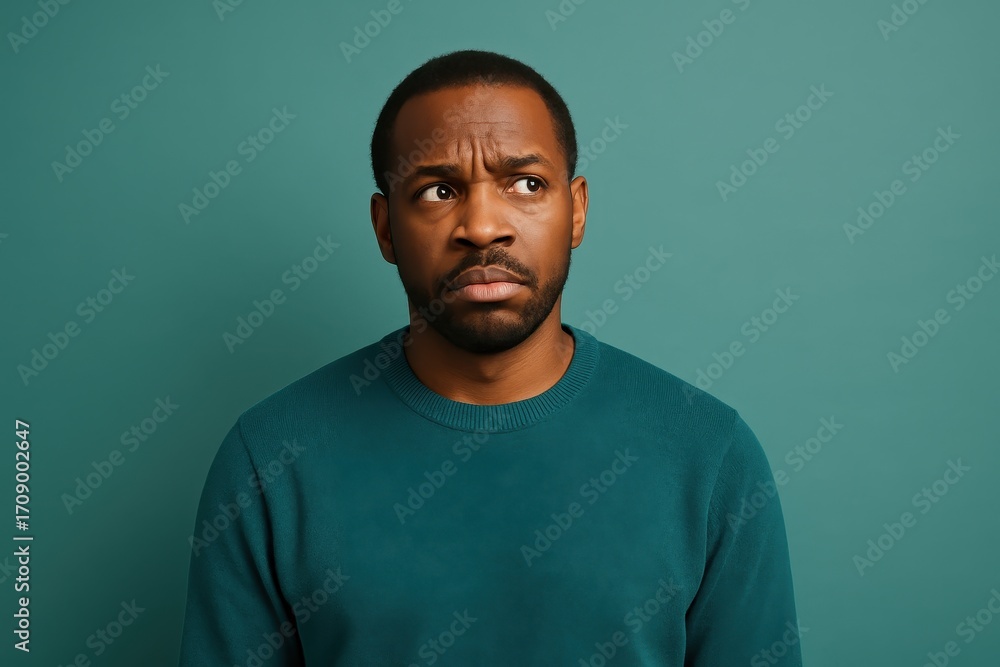 Fototapeta premium Studio portrait of a thoughtful African American man in a teal sweater against matching backdrop with puzzled expression and clean copy space