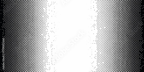 Abstract black and white halftone gradient pattern with scattered dots and a central white space