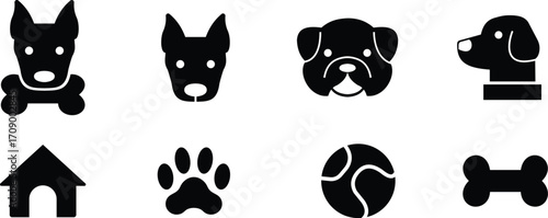 dog icons set, collection and group of puppy face, pet paw, bone, house, ball, silhouette and outline illustration, flat style vector design isolated on transparent background