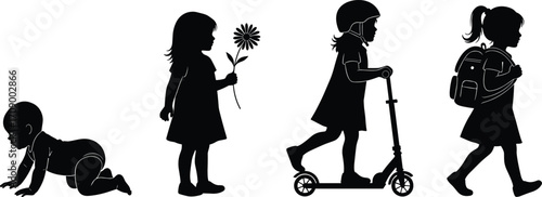 Child development stages, baby crawling, toddler standing, kid on scooter, school child walking, growth milestones, silhouette, parenting, education, independence