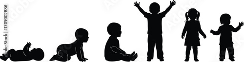 Child development stages, baby to toddler, silhouette growth, early childhood milestones, physical progress, crawling, sitting, standing, learning, parenting, education