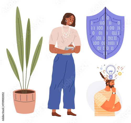Woman holding clipboard, shield with binary code, lightbulb over thoughtful man, and potted plant. Ideal for planning, cybersecurity, innovation, creativity productivity nature remote work. Simple