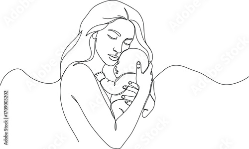 Mother holding baby continuous line drawing, mom embracing newborn child illustration, family love vector, maternal care minimalist motherhood design sketch