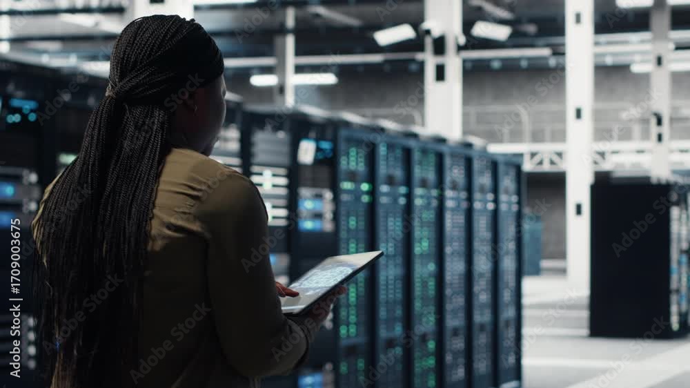 Data center software developer doing AI data analysis on tablet to upgrade infrastructure. Server hub IT expert using device to manage storage systems for deep learning training datasets