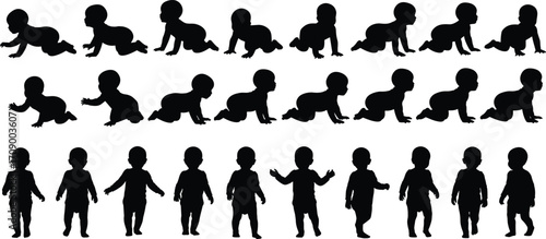 Child development, baby crawling, toddler walking, early growth stages, silhouette sequence, motor skills, physical progress, infant movement, milestone journey, parenting concept