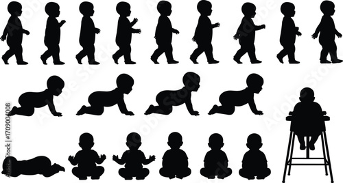 Child development, baby growth stages, crawling infant, walking toddler, motor skills, silhouette illustration, early childhood, pediatric education, movement progression, milestone chart
