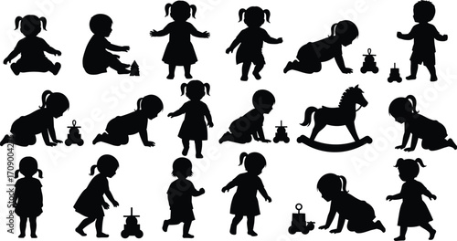  Children silhouette collection, playful kids poses, toddler activities, toy interaction, crawling, walking, sitting, standing, early childhood, black vector illustration