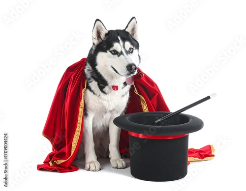 Charming husky dog in a magician's costume with a magic hat
