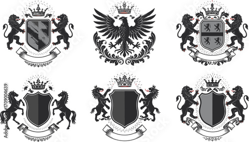 Set of vintage heraldic coat of arms, royal crests with lions, horses, eagle, crowns, shields, medieval decorative emblems.