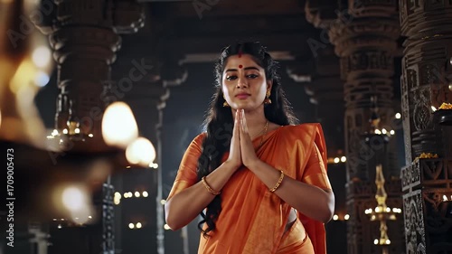 Young Woman Praying in Temple Adorned With Intricate Columns and Warm Candlelight Wearing Orange Saree