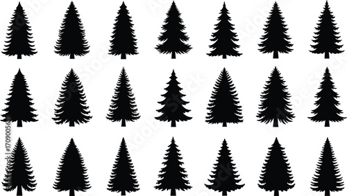 Silhouette pine tree icons set, evergreen forest symbols, black Christmas tree vector collection, nature, winter, holiday design elements