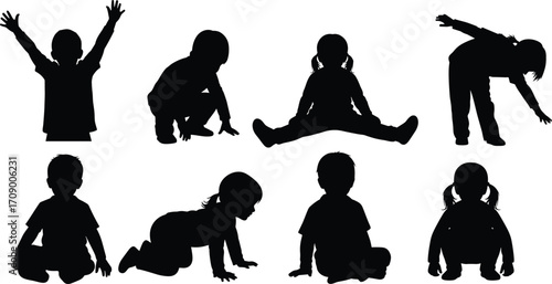 Children silhouette, various poses, child movement, posture study, crawling, sitting, squatting, bending, standing, black outline, white background, hairstyle, clothing, educational