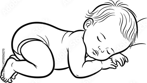 Sleeping baby line art, peaceful newborn illustration, infant resting pose, black and white vector drawing, cute child sketch, calm toddler artwork