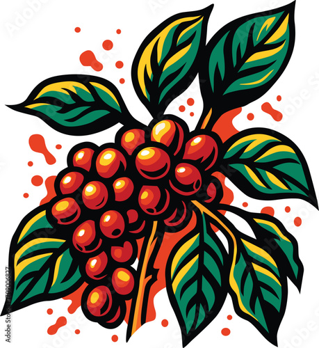 Colorful coffee plant branch with ripe red beans and green leaves. Editable EPS file, perfect for cafe branding, packaging, organic farming projects, and botanical inspired creative concepts.