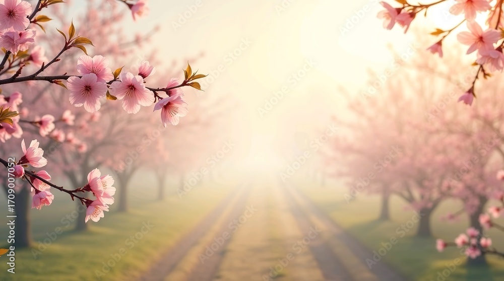 Naklejka premium Cherry blossom branch framing soft negative space with serene misty morning light.