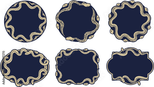 Vintage snake frame collection, hand drawn serpent border designs, ouroboros circular labels, mystical reptile ornament, antique vector illustration set