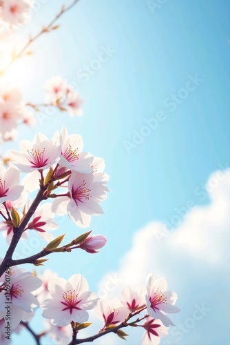 Cherry blossom branches with pink petals framing clear sky and soft sunlight.