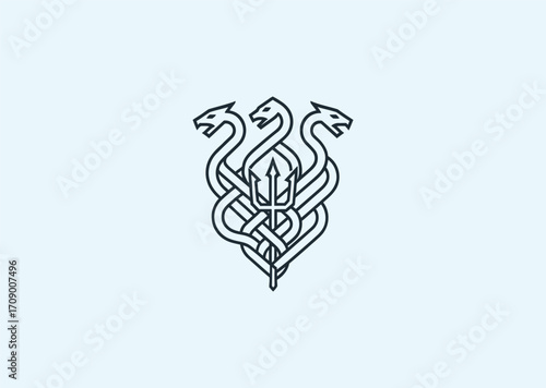 A geometric line art logo of Hydra entwined around a trident, symbolizing power, danger, and mythical strength