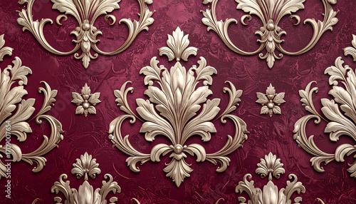 Luxurious vintage wallpaper with an ornate golden damask pattern in 3D relief on a rich, deep red textured background for a classic interior